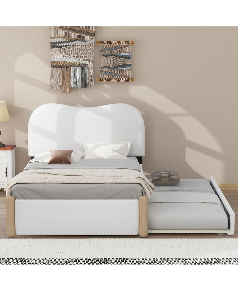Lovmor Twin Size Upholstered Platform Bed with Wood Supporting Feet and Twin Size Trundle