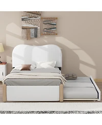 Lovmor Twin Size Upholstered Platform Bed with Wood Supporting Feet and Twin Size Trundle