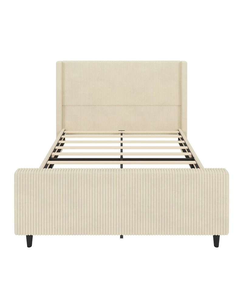 Lovmor High Headboard Corduroy Upholstered Bed Frame with Vertical Stripe Wingback and High Footboard No Box Spring Needed Queen Size Cream