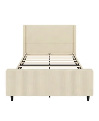 Lovmor High Headboard Corduroy Upholstered Bed Frame with Vertical Stripe Wingback and High Footboard No Box Spring Needed Queen Size Cream