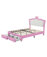 Lovmor Full Size Upholstered Bed Frame with Led Lights Modern Upholstered Princess Bed with Crown Headboard 2 Drawers Pink+White