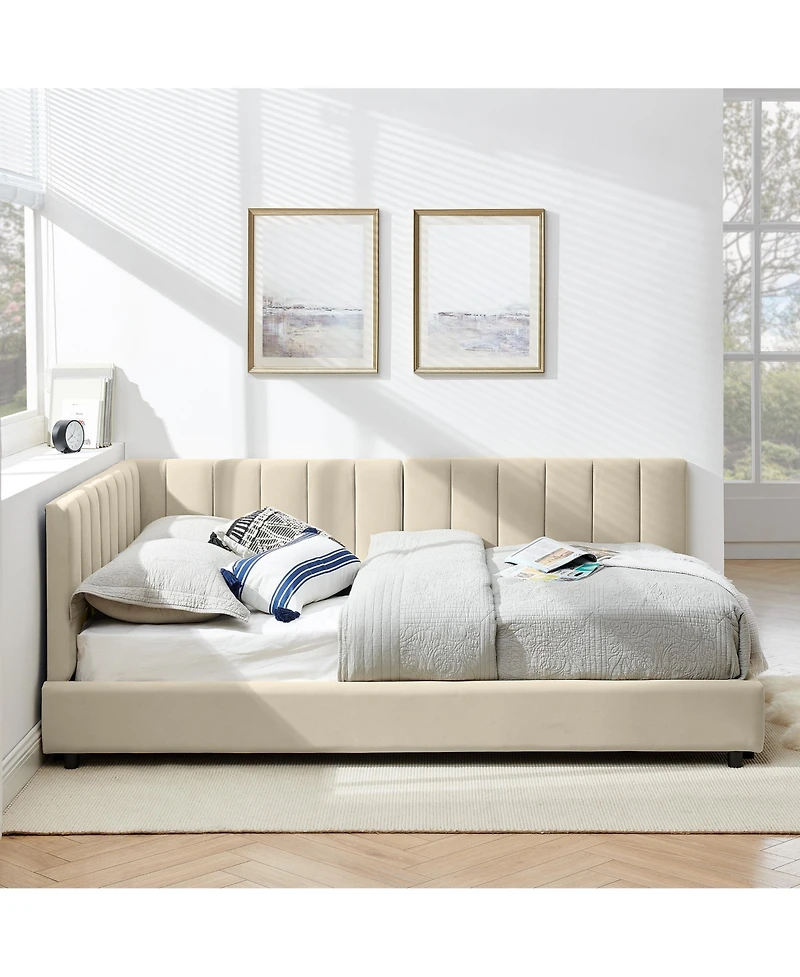 Lovmor Full Size Upholstered Tufted Bed Frame Sofa Bed Frame with Comfortable Backrest and Armrests Full Size Bed Velvet-Beige
