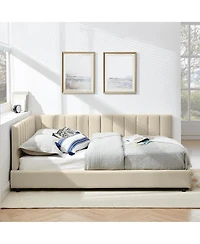 Lovmor Full Size Upholstered Tufted Bed Frame Sofa Bed Frame with Comfortable Backrest and Armrests Full Size Bed Velvet-Beige