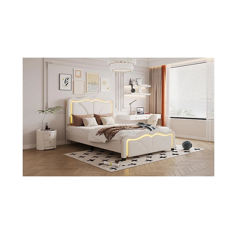 Lovmor Twin Size Upholstered Platform Bed with Curve Shaped and Height-adjustbale Headboard Led Light Strips White