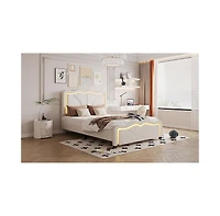 Lovmor Twin Size Upholstered Platform Bed with Curve Shaped and Height-adjustbale Headboard Led Light Strips White