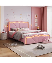 Lovmor Full Size Upholstered Platform Bed with Curve Shaped and Height-adjustbale Headboard Led Light Strips Pink
