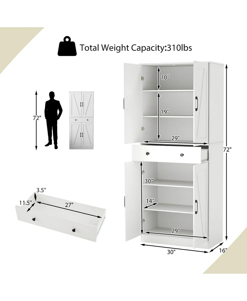 Costway 72" Tall Kitchen Pantry Modern Farmhouse Cupboard Cabinet with 4 Barn Doors