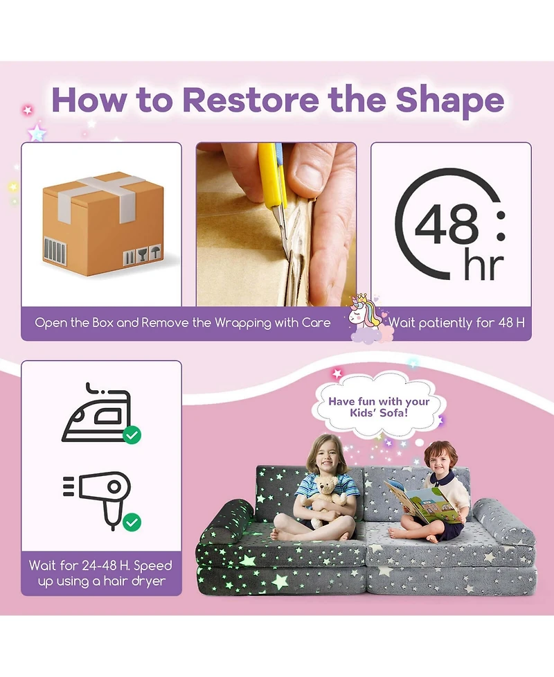 Costway 8 Pcs Modular Kids Play Couch with Handles Machine Washable Covers for Building Fort