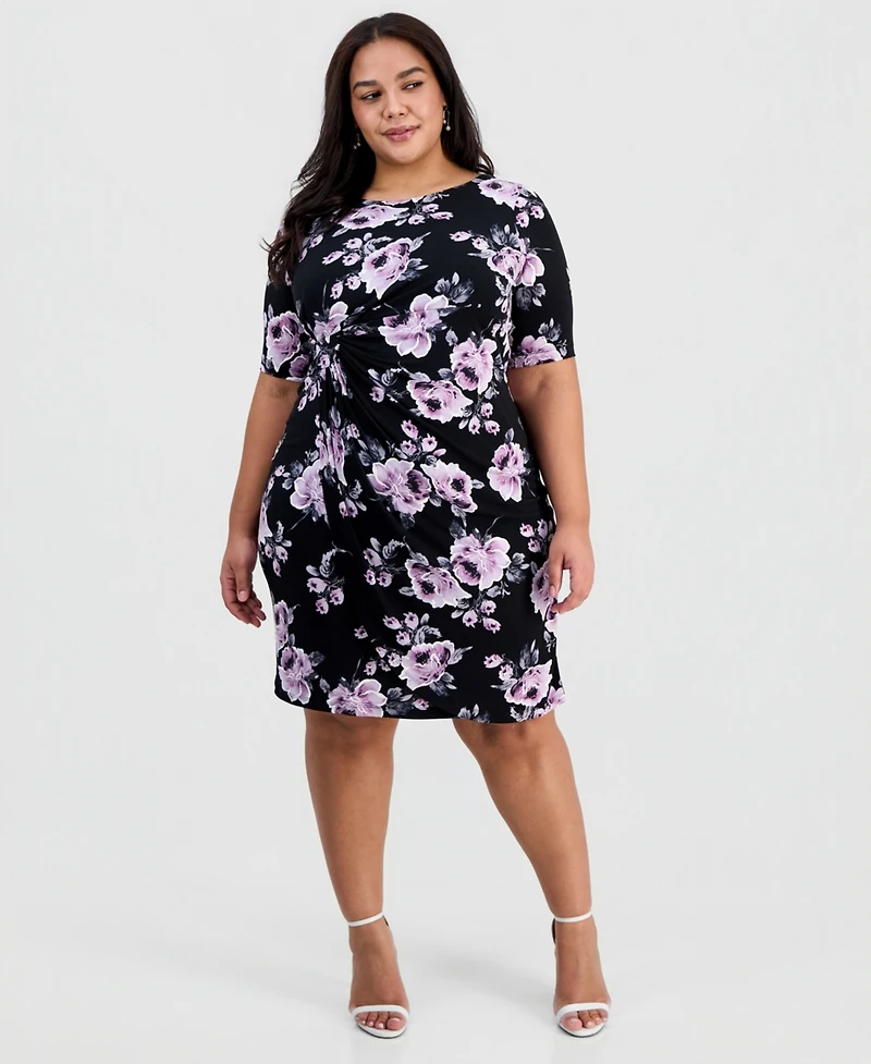 Connected Plus Floral Twist-Front Elbow-Sleeve Dress