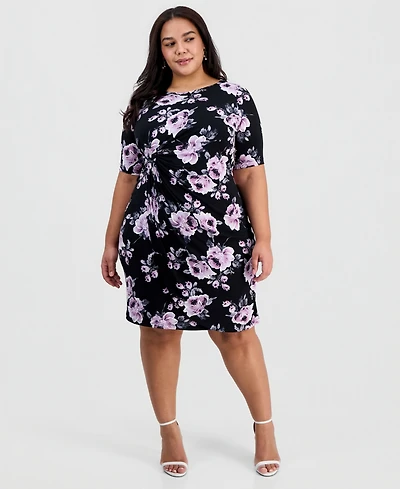 Connected Plus Floral Twist-Front Elbow-Sleeve Dress