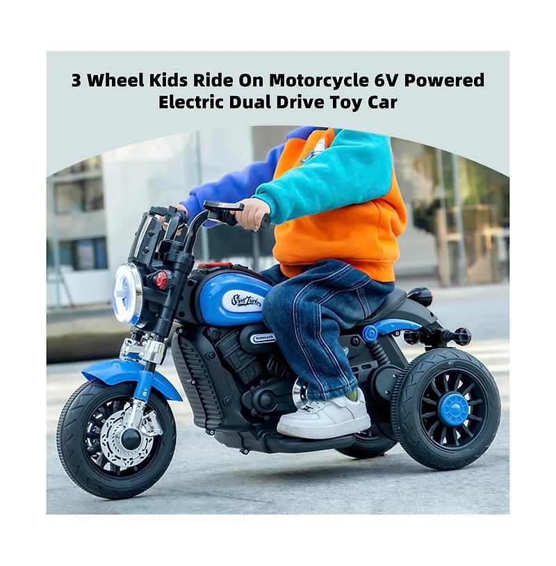 Bruce & Shark Dual 6V Kids Ride-On Motorcycle, 3-Wheel Toy with Forward/Reverse Sounds for Ages 1-5