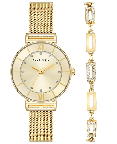 Anne Klein Women's Quartz Premium Round Gold-Tone Stainless Steel Mesh Watch Set, 29mm