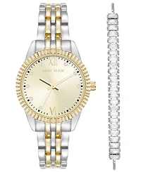 Anne Klein Women's Quartz Crystal Accented Champagne Dial Round Two-Tone Alloy Metal Watch Set, 26mm