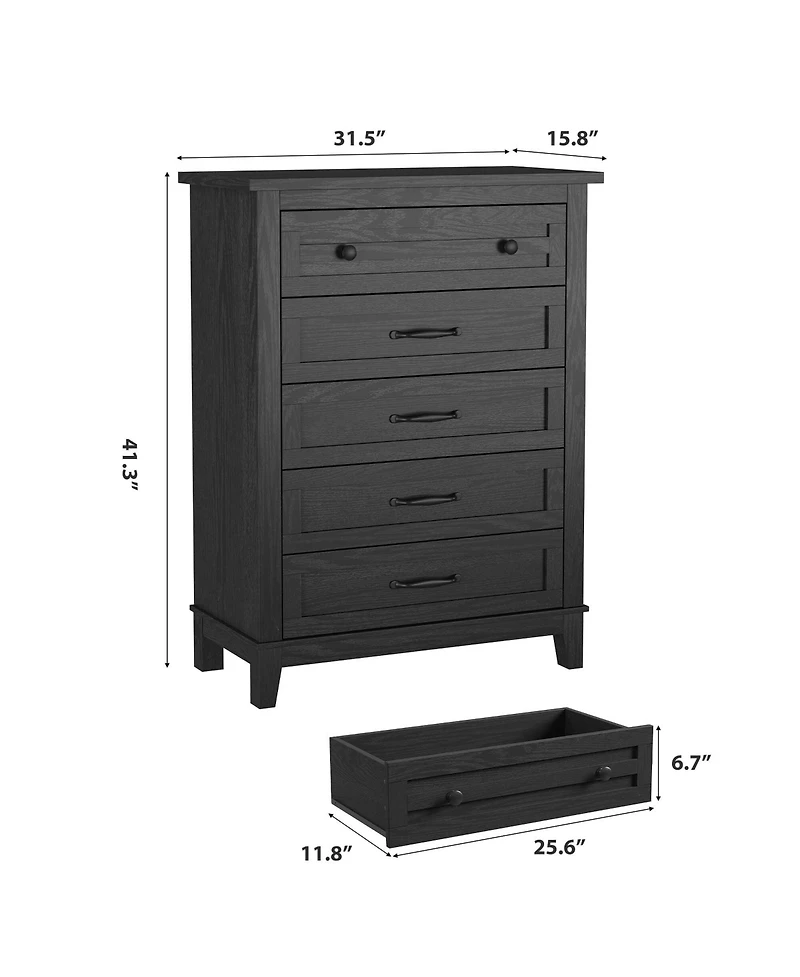 gaomon 5-Drawer Black Freestanding Wooden Chest, 41.3" Tall, Vertical Dresser for Living Room, Bedroom, Entryway ,measuring 31.5"L x 15.8&#x