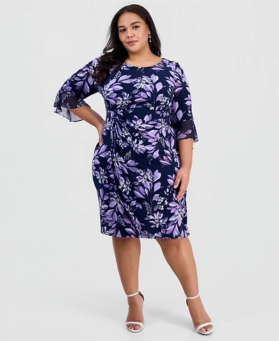 Connected Plus Floral Side-Ruched 3/4-Sleeve Dress