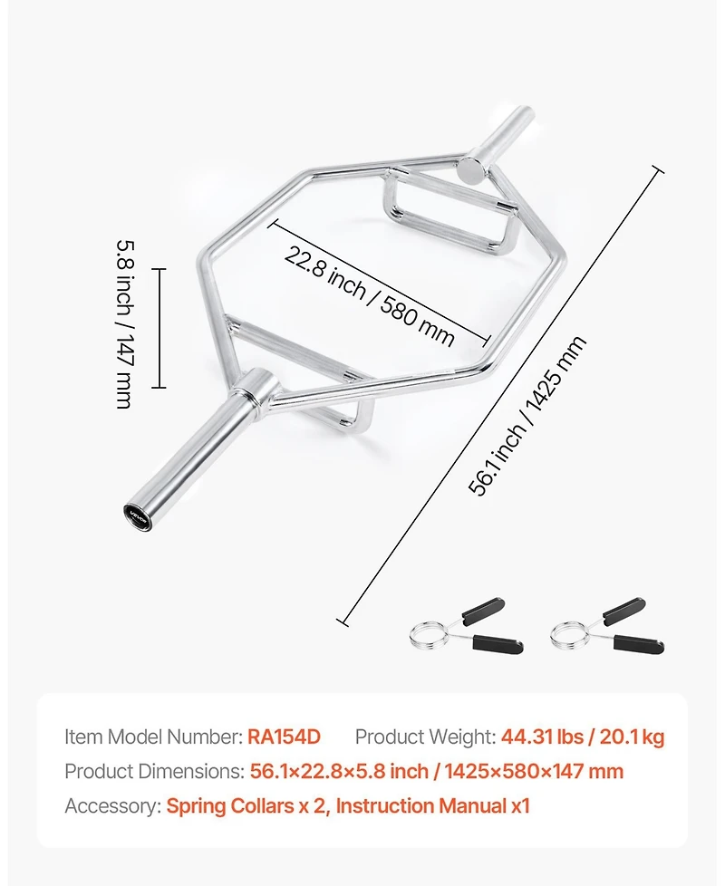 Sugfit Trap Bar Hex Bar 800 Lb Capacity 2" Barbell for Squats and Deadlifts Silver