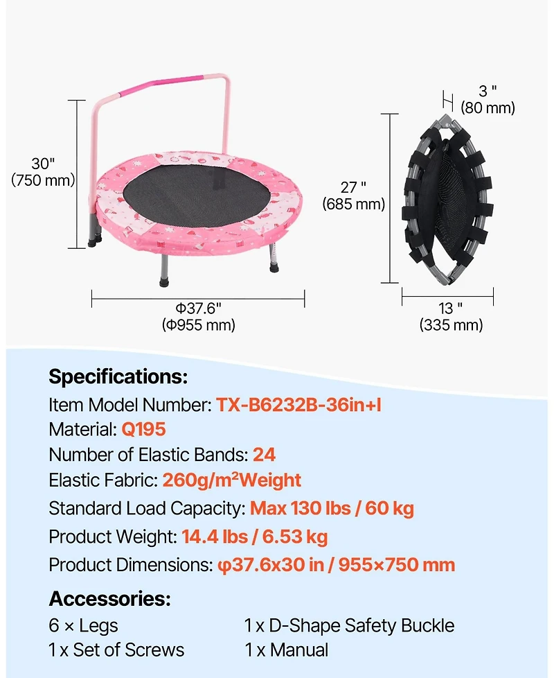 Sugift 36" Kids Trampoline Foldable Indoor Outdoor Mini Trampoline with Handle Red