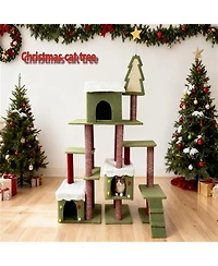 Aostirmotor Festive Cat Tree with Star & Snow Designs, Multi-Level Play & Cozy Cabins