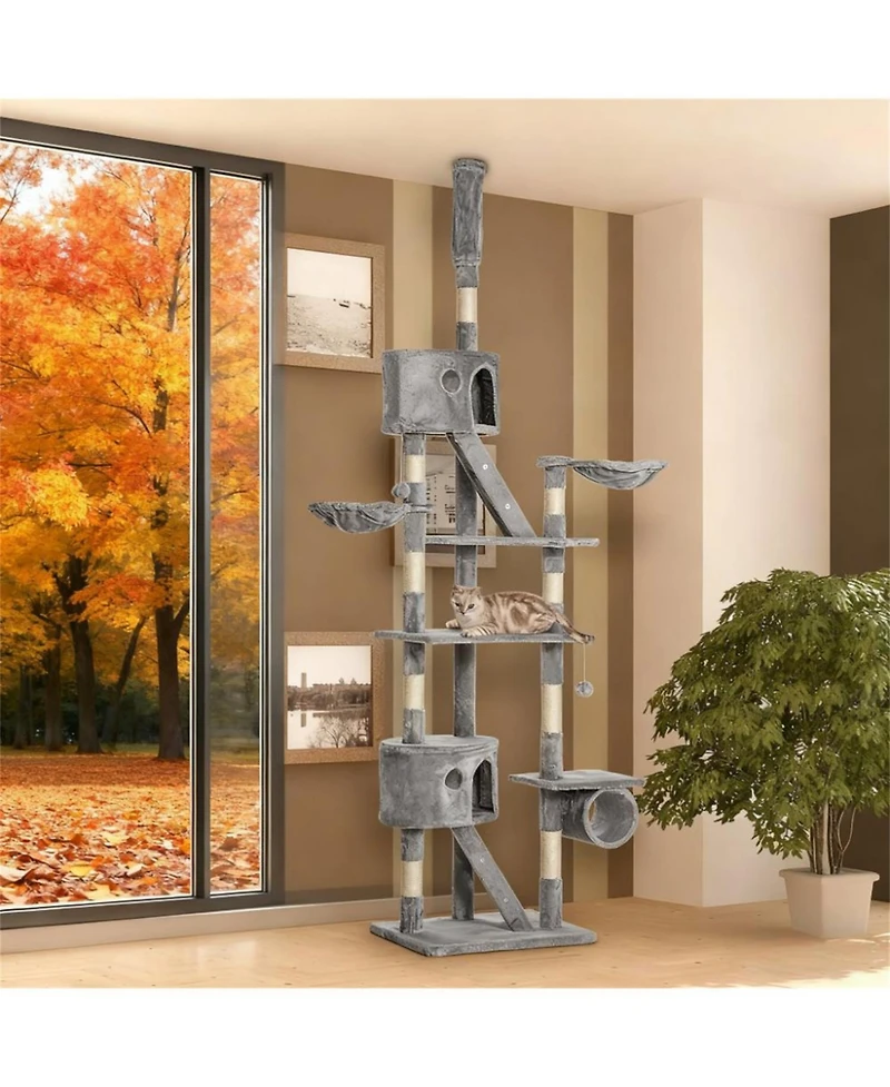 Aostirmotor Floor-to-Ceiling Cat Tree with Condos, Hammocks & Toys, Adjustable up to 102"