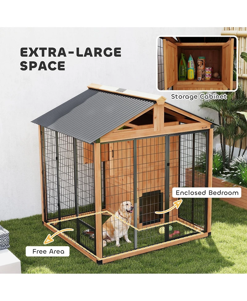 PawHut Extra Large Dog House with Storage Cabinet, Bowls, Light