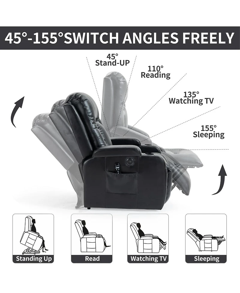 Maison Boucle Faux Leather Power Lift Recliner for Elderly with Massage & Heat, Infinite Position Chair Usb, Cup Holders, Heavy-Duty Base