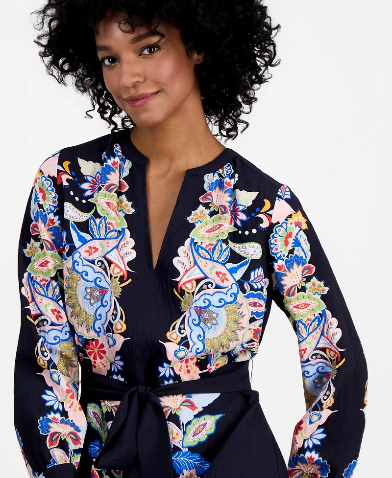 T Tahari Women's Spllit-Neck Belted A-Line Dress