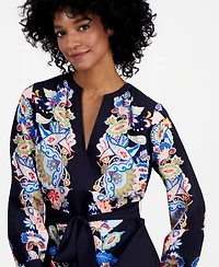 T Tahari Women's Spllit-Neck Belted A-Line Dress