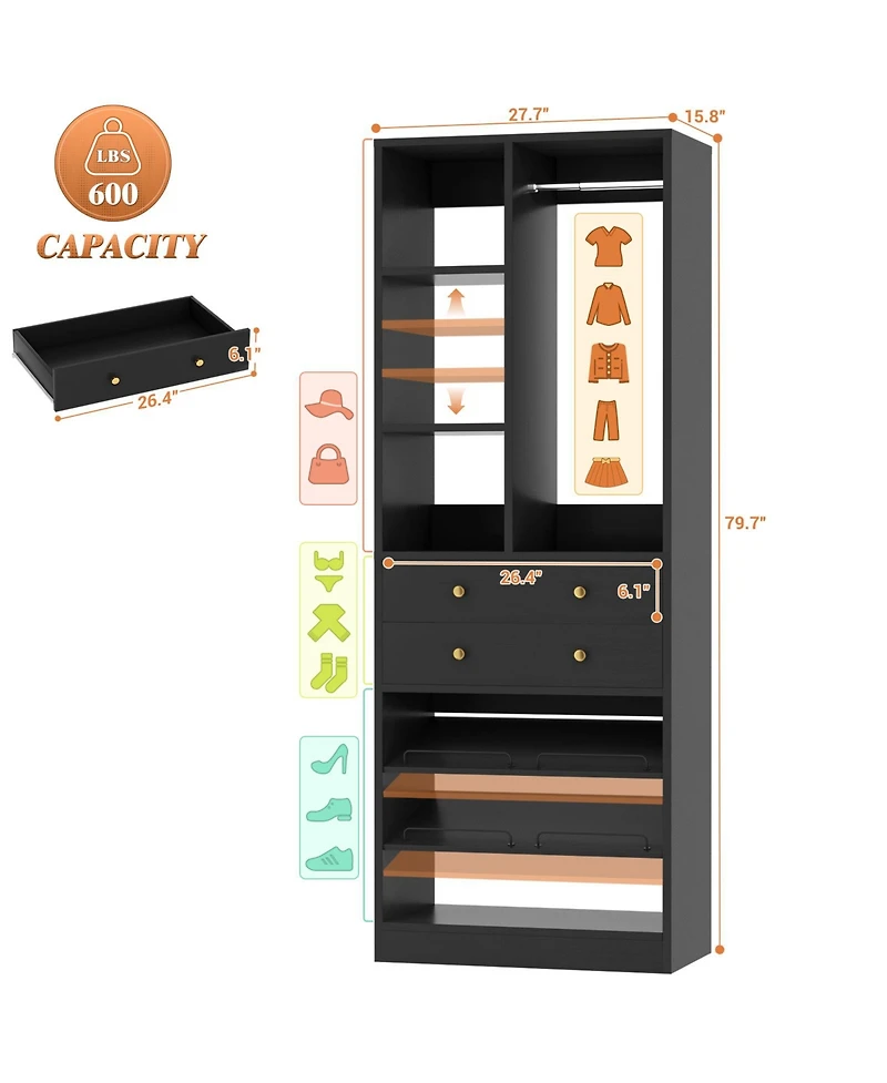 Aheaplus 28'' Freestanding Closet Storage System with 2 Drawers, Tower Hanging Rod, Shelves & Adjustable Shoe Racks