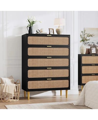 gaomon Rattan Dresser with 5 Drawers, Tall Modern Closet with Deep Storage