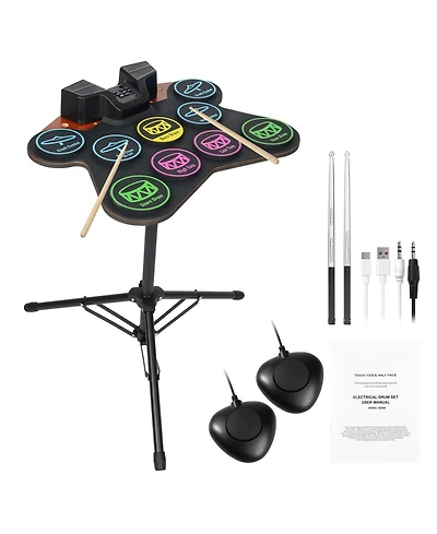 Sugift Roll-Up Electric Drum Set 9 Pads with Stand Pedals Light-Up Sticks