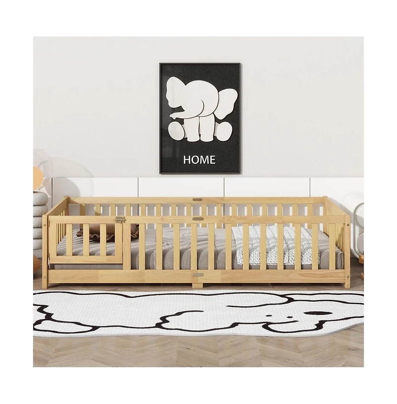 Cesicia Twin Floor Bed with Safety Fence & Door Rubber Wood Kids for Compact Rooms