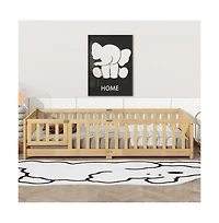 Cesicia Twin Floor Bed with Safety Fence & Door Rubber Wood Kids for Compact Rooms