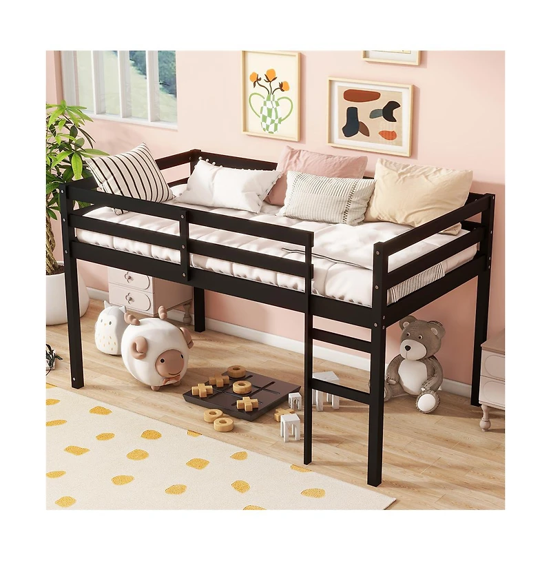 Cesicia Twin Loft Bed with Ladder Rubber Wood Platform Storage Space & Guardrails