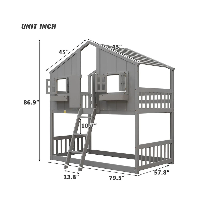 Cesicia Twin over House Bunk Bed with Roof Window Door & Safety Guardrails Playful Wooden Loft for Kids