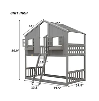 Cesicia Twin over House Bunk Bed with Roof Window Door & Safety Guardrails Playful Wooden Loft for Kids
