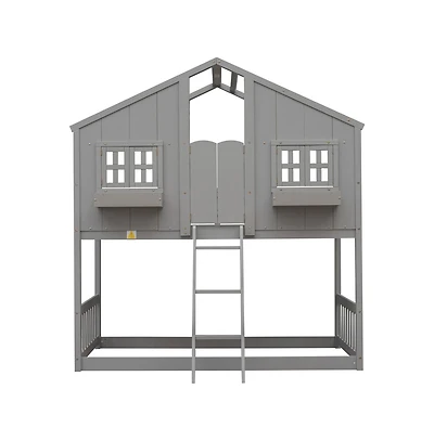 Cesicia Twin over House Bunk Bed with Roof Window Door & Safety Guardrails Playful Wooden Loft for Kids