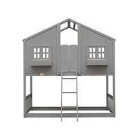 Cesicia Twin over House Bunk Bed with Roof Window Door & Safety Guardrails Playful Wooden Loft for Kids
