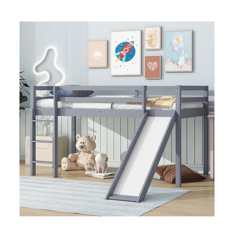 Cesicia Twin Low Loft Bed with Slide & Ladder Rubber Wood Play Safety Guardrails for Kids