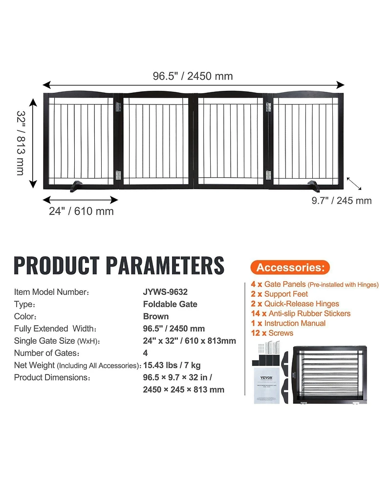 Cozito 4-Panel Foldable Freestanding Pet Gate, 96.5" W x 32" H