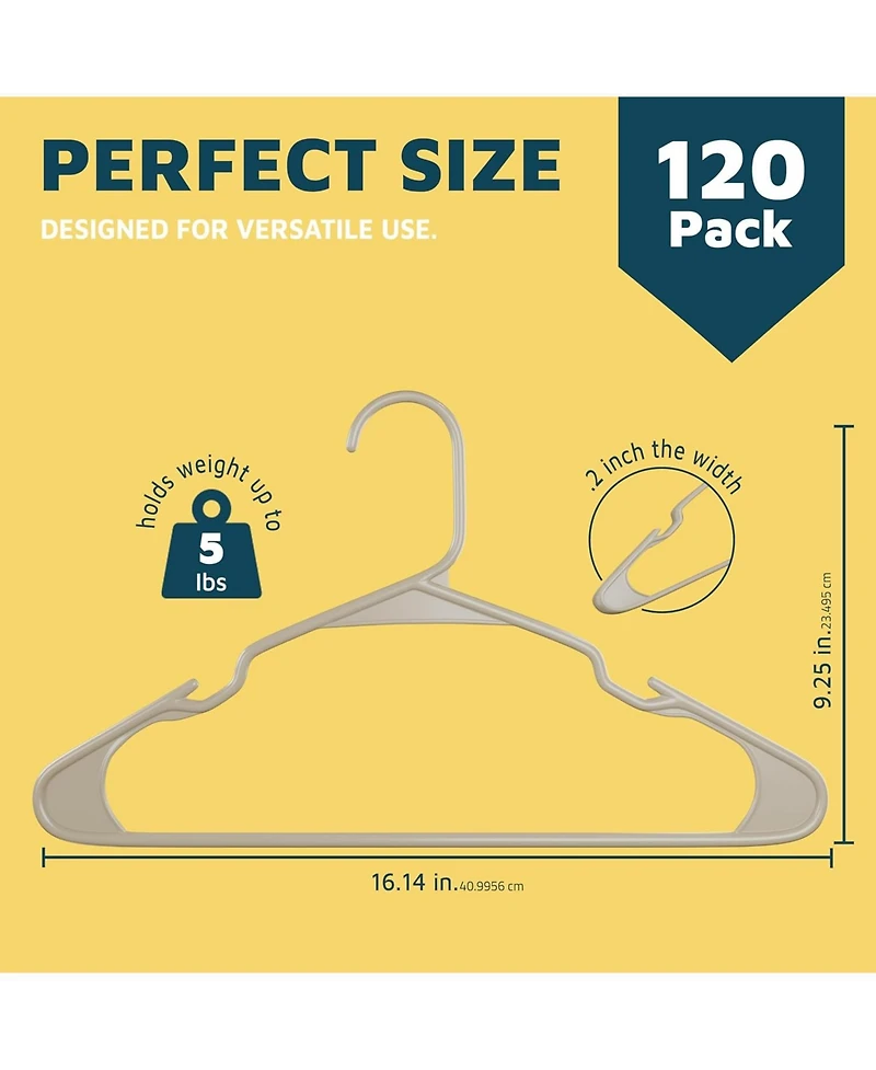 Lifemaster heavy-duty ivory hangers with non-slip grooves, space-saving, hold 5 lbs for clothes & dresses, 120-pack.