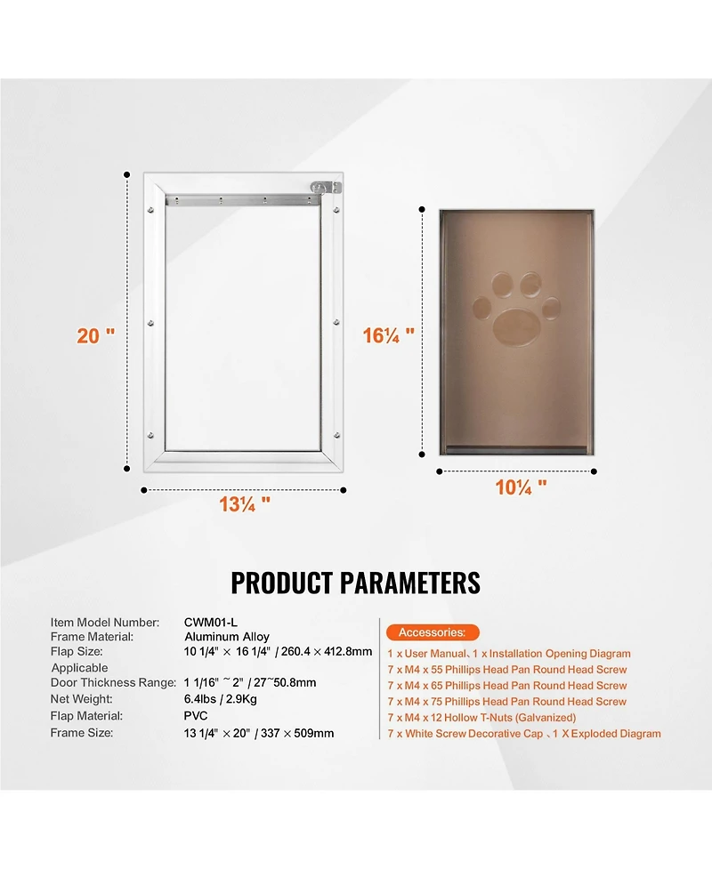 Cozito Aluminum Frame Door-Mount Pet Door with Lock, Large, White