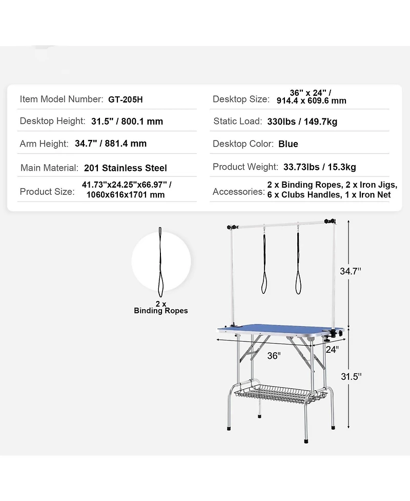Cozito Foldable Pet Grooming Table with Double Arms, 36" x 24", Holds up to 330 lbs