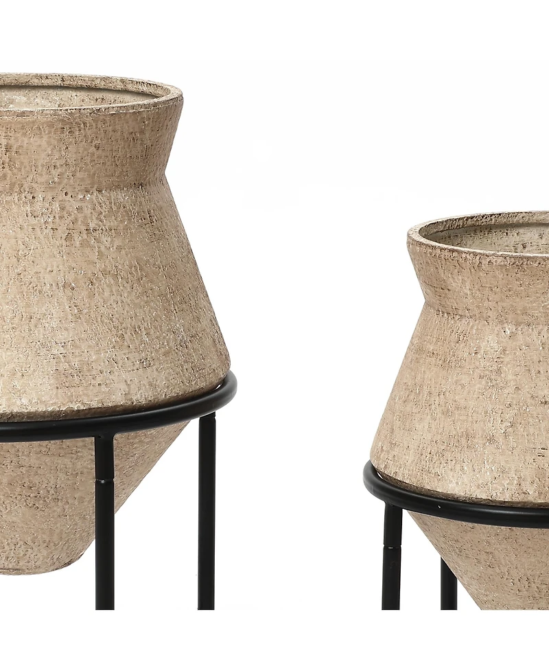 LuxenHome 2-Piece Rustic Brick Red Cachepot Planter Cauldron Set with Black Stands