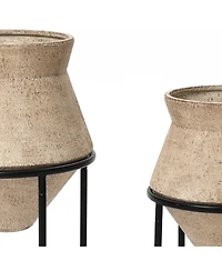 LuxenHome 2-Piece Rustic Brick Red Cachepot Planter Cauldron Set with Black Stands