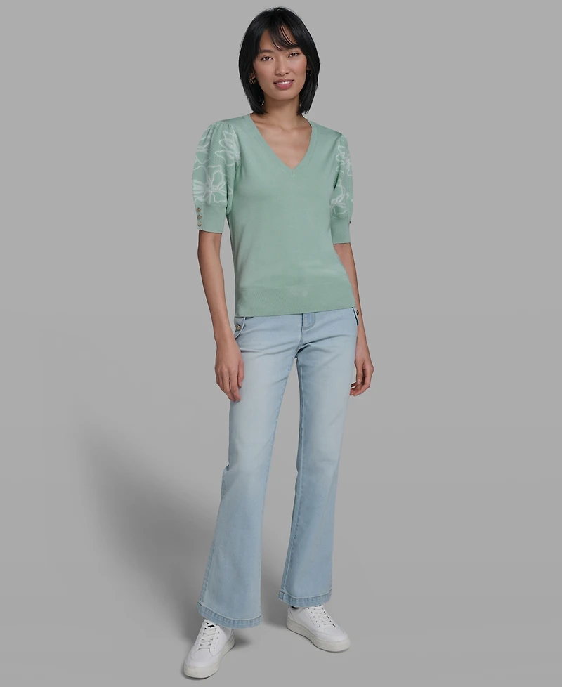 Karl Lagerfeld Paris Petite Floral Print V-Neck Sweater