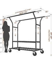 Raybee 74" W Heavy Duty Clothes Rack, Double Rods Clothing Rack Load 630 Lbs, Rolling Clothes Racks，Garment Rack with shelves