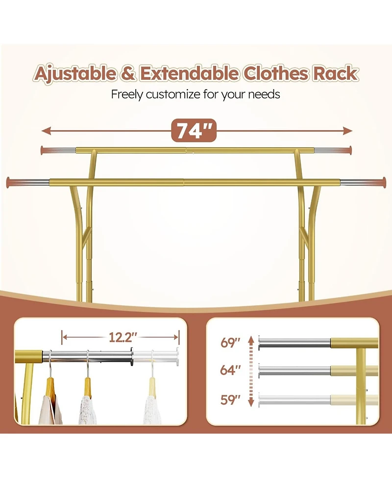 Raybee 74" W Heavy Duty Clothes Rack, Double Rods Gold Clothing Rack Load 630 Lbs, Rolling Clothes Racks for Hanging Clothes 400+, Garment Rack