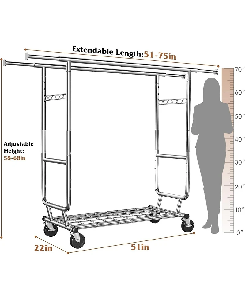Raybee Clothes Rack Load 630LBS, Heavy Duty Clothes Rack, Rolling Clothing Racks for Hanging Clothes with Wheels, Adjustable & Commercial Garment Rack