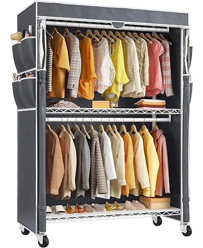 Raybee Heavy Duty Clothes Rack with Cover, 81" H Clothing Racks for Hanging Clothes, Portable Closet with Wheels and Adjustable Feet, Max Load