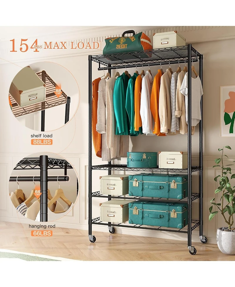 Raybee Rolling Clothes Rack for Hanging Clothes, Clothing Rack with 4 Fabric Drawers and Wheels